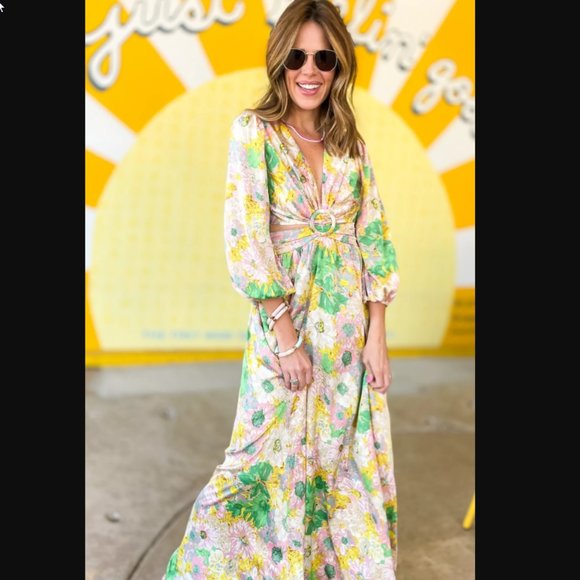 Entro  (Boutique) Dresses & Skirts - Pink and Green Floral Print Satin Cut Out Open Back Max Dress